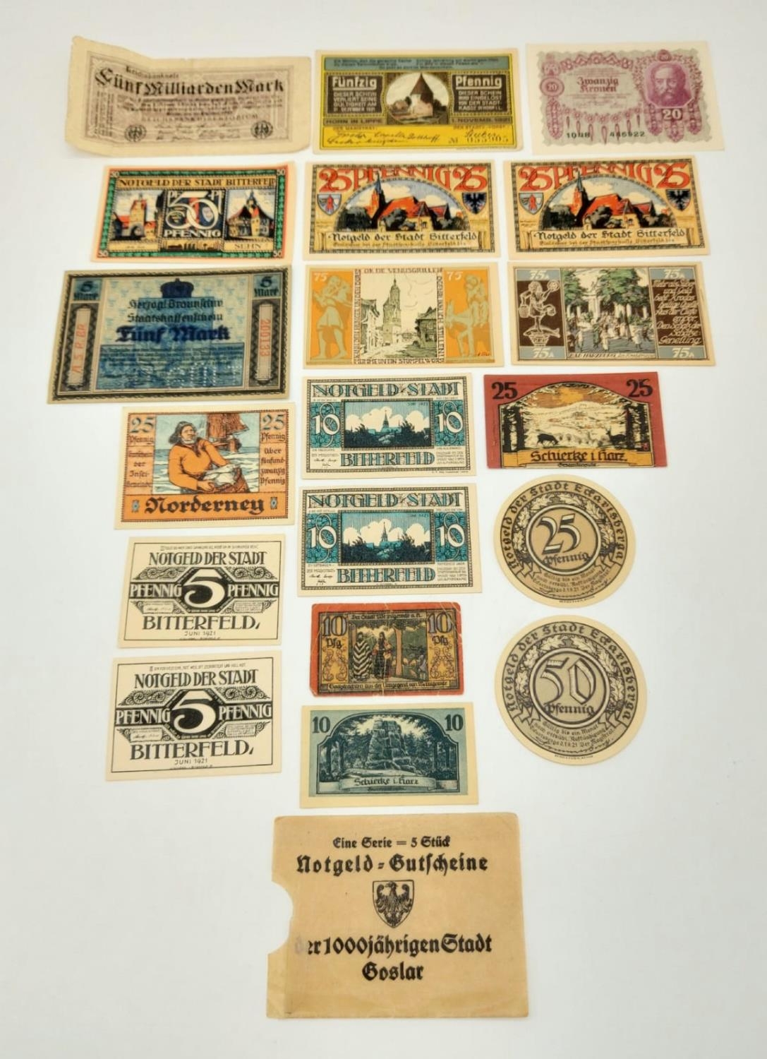 Twenty Original Antique German Notgeld Notes. German emergency money issued in a time of financial