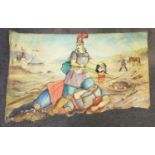 A VINTAGE OIL ON CANVAS DEPICTING A PERSIAN BEHEADING. (NEEDS CAREFUL RESTORATION) 2 MTRS X 1.25