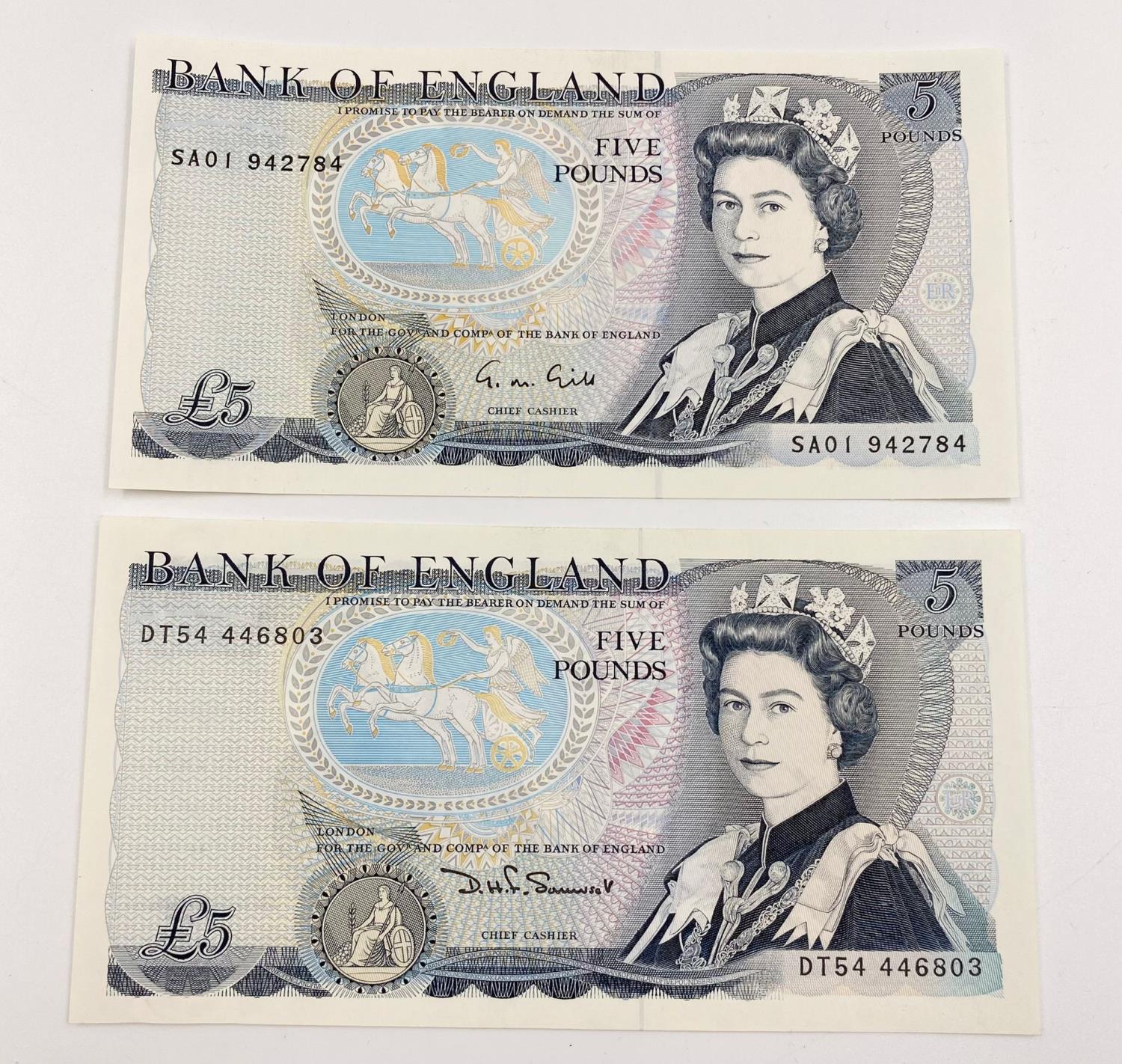 Two Vintage Bluey Bank of England Five Pound Notes. Uncirculated - Both come in a plastic wallet.