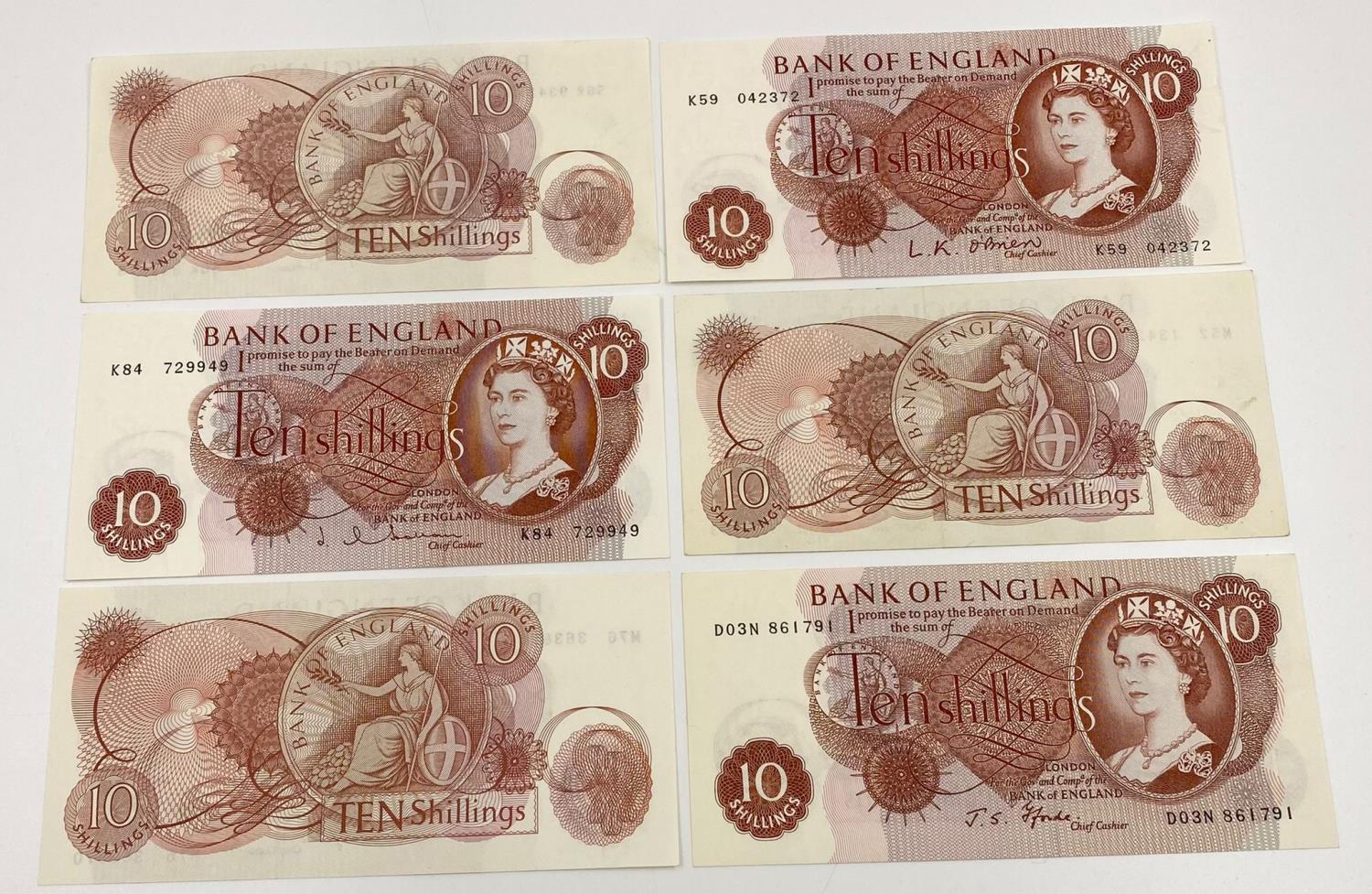 Six Vintage Bank of England Ten Shilling Notes. Uncirculated - In plastic wallets. Please check - Image 3 of 3