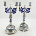 An Antique Pair of Silver and Enamel Russian Candlesticks. Dual candleholders with intricate
