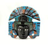 Hand-Crafted Obsidian Mayan God Mask with Inlaid Semi-Precious Gemstones. 19 x 18cm