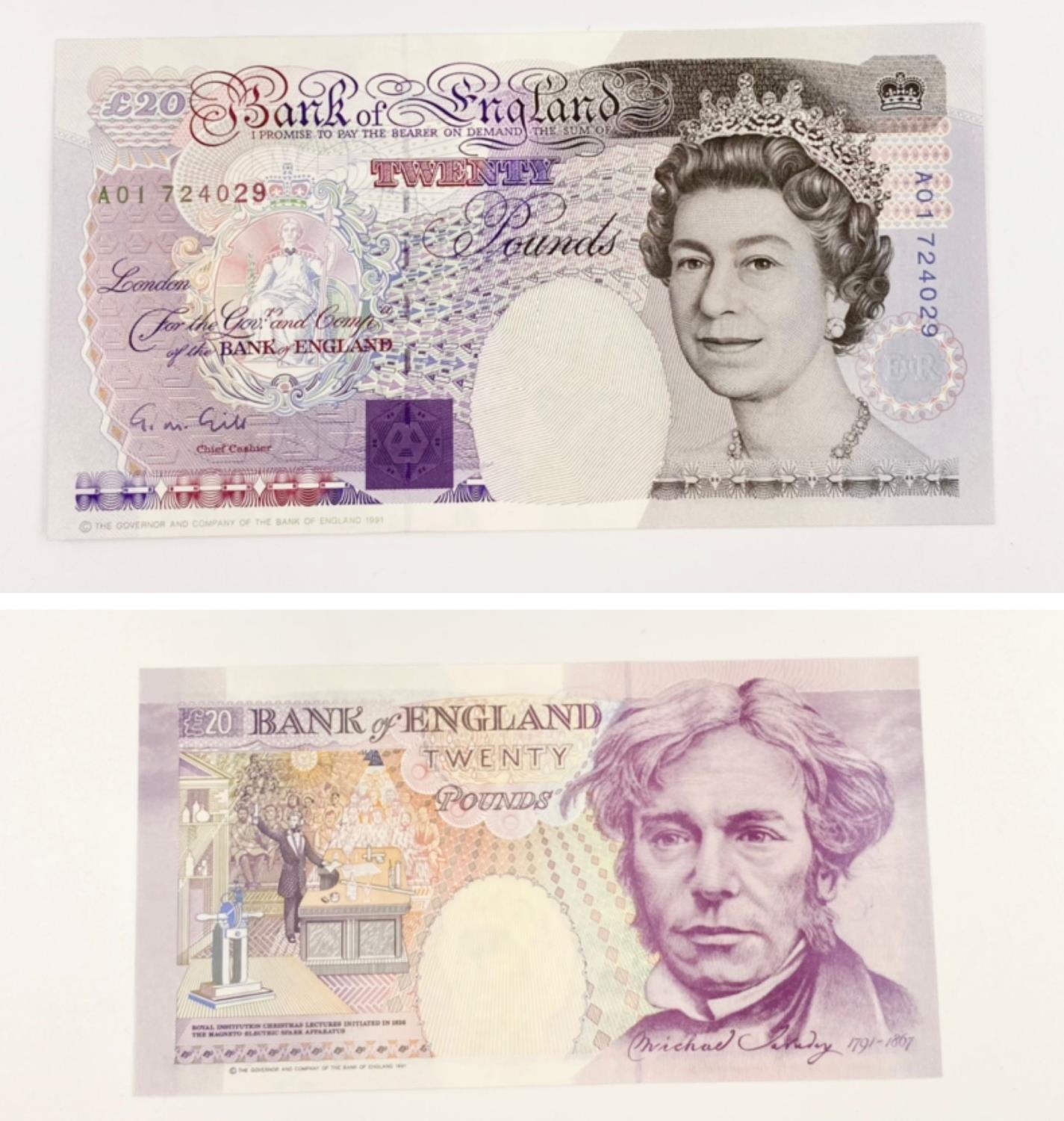 A G.M. Gill Bank of England 1991 A01 Twenty Pound Note. Uncirculated - comes in a plastic wallet.