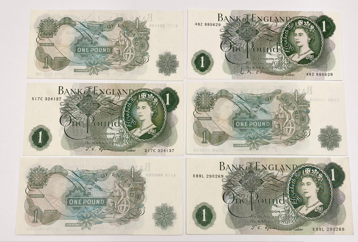 Six Vintage Britannia One Pound Notes. Uncirculated - In plastic wallets. - Image 2 of 3