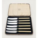 A Vintage Set of Six Goldsmiths and Silversmiths Dinner Knives. Cream resin handles. Original box.