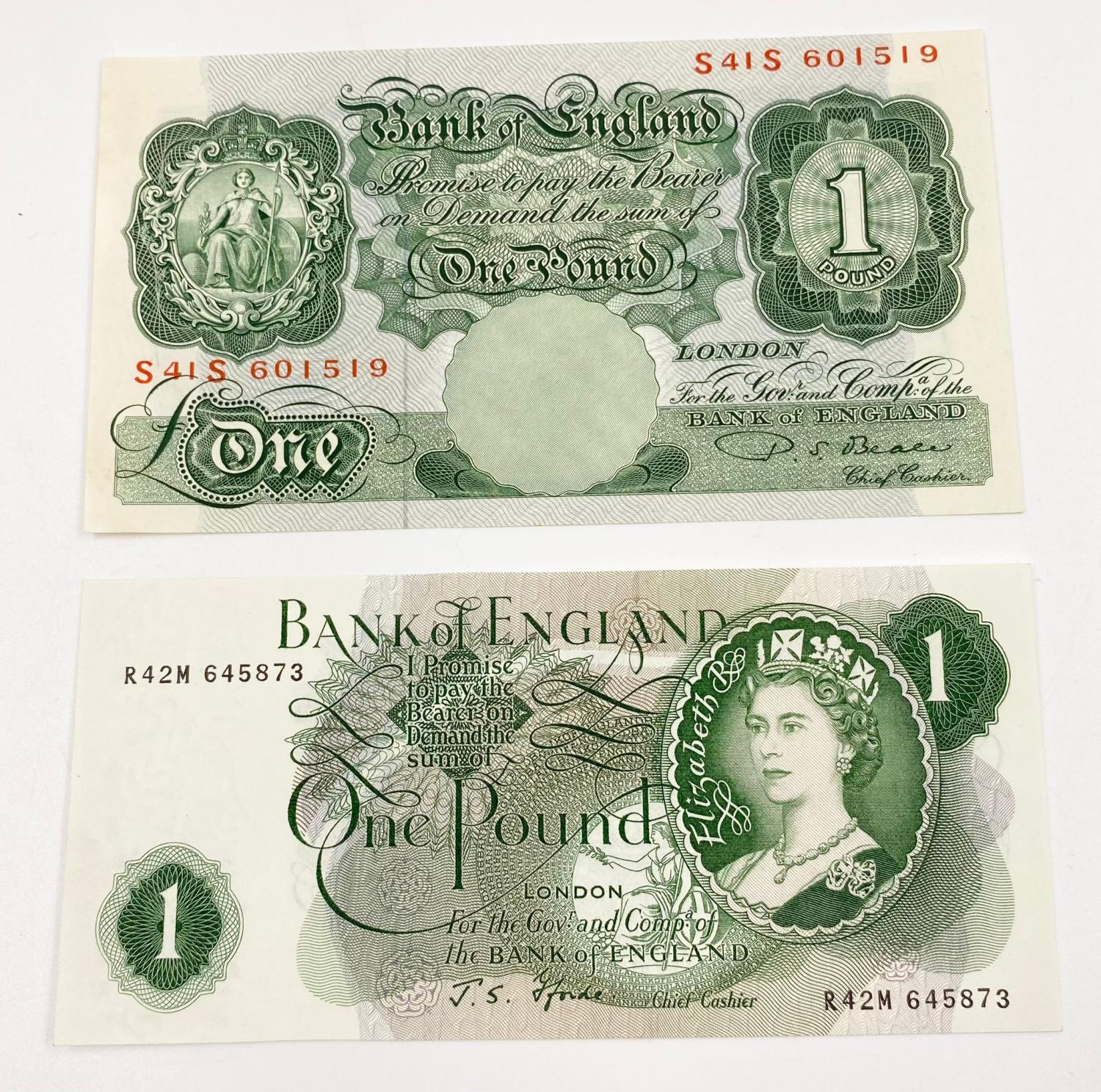 Two Vintage Bank of England One Pound Notes. A P.S. Beale and a J.S. Forde. Uncirculated - In