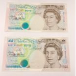 Two (AA01 and A01) 1990 Bank of England Five Pound Notes. Uncirculated - In plastic wallets.
