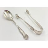 Antique Silver Miniature Tongs - 9cm and Egg Spoon - 11cm. 18.5g total.