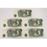 Five Vintage Bank of England One Pound Notes With Sequential Serial Numbers. Uncirculated - in