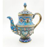 A VERY RARE SILVER RUSSIAN ENAMELLED TEA POT SET WITH GEMSTONES. 606gms 19cms TALL
