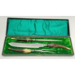 William Beckett and Co of Sheffield Horn-Handled Three-Piece Carving Set. In original case. 40cm