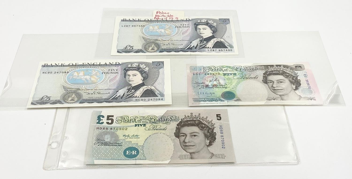 Four Uncirculated Five-Pound Notes Including a 1980 Somerset NC90 Last Run. Comes in protective