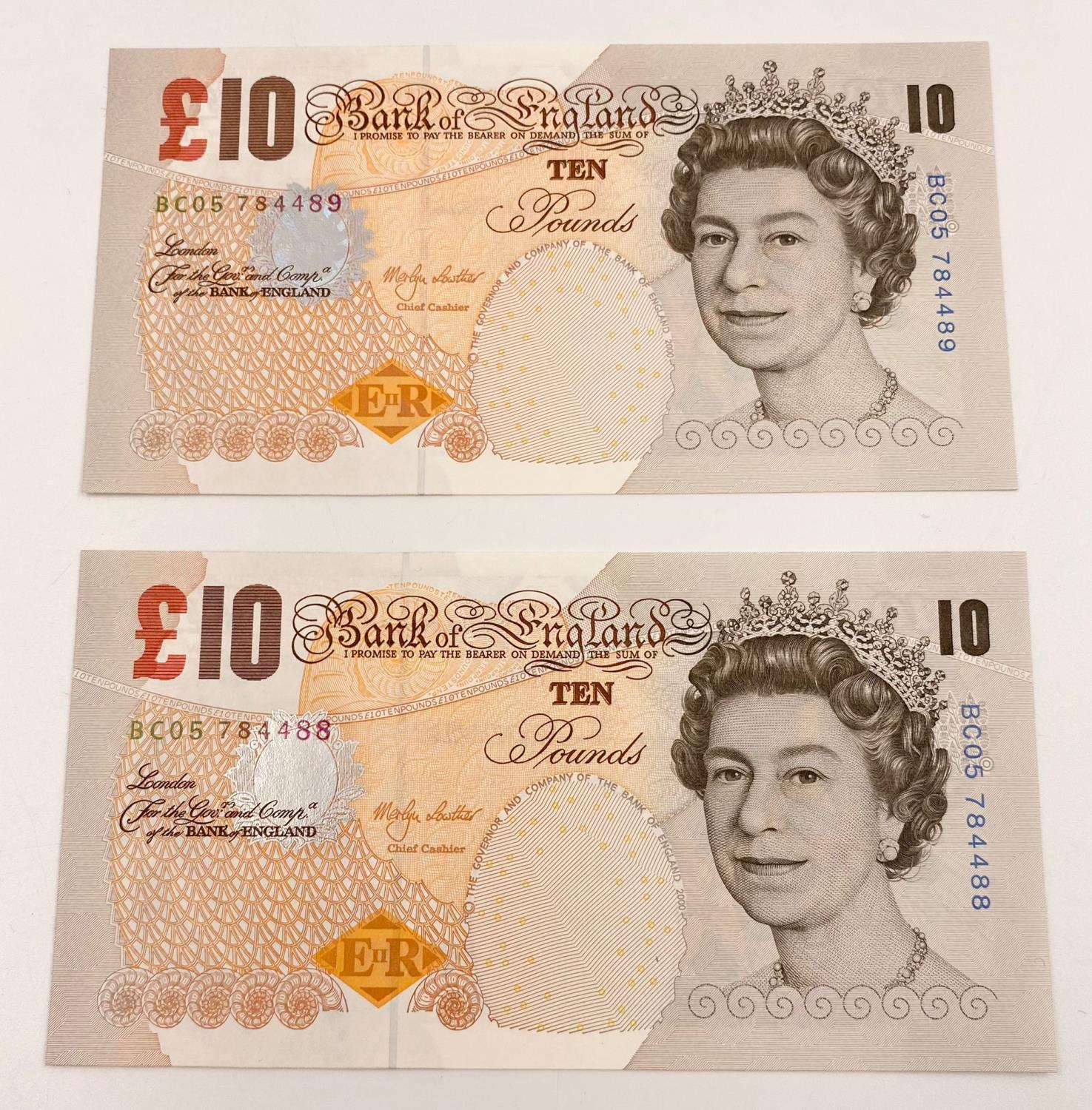 Two Darwin Bank of England Ten Pound Notes with Sequential Serial Numbers. Uncirculated - In plastic