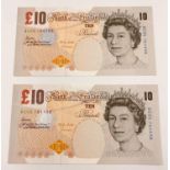 Two Darwin Bank of England Ten Pound Notes with Sequential Serial Numbers. Uncirculated - In plastic