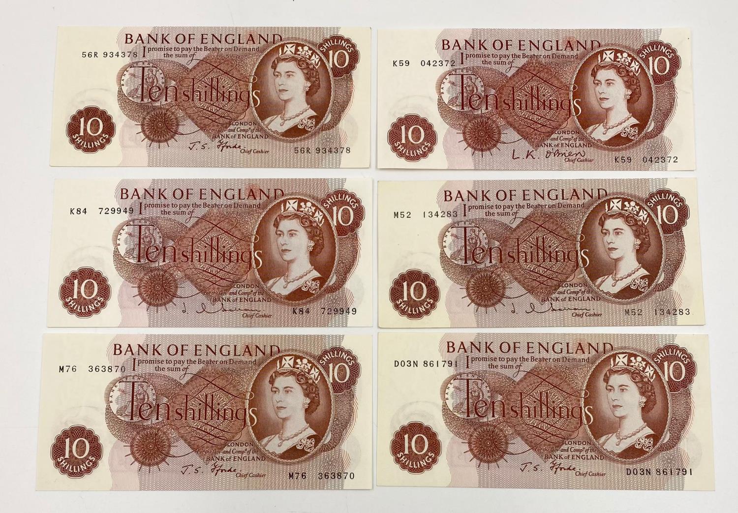 Six Vintage Bank of England Ten Shilling Notes. Uncirculated - In plastic wallets. Please check