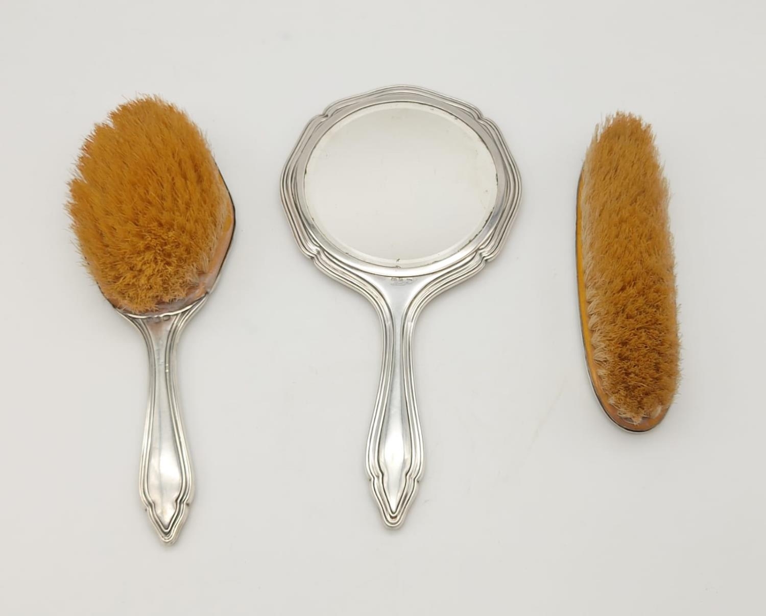 An Antique Karl Hohmann Dressing Table Set. Marked 835 Silver. German Made. Mirror - 25cm. Hairbrush