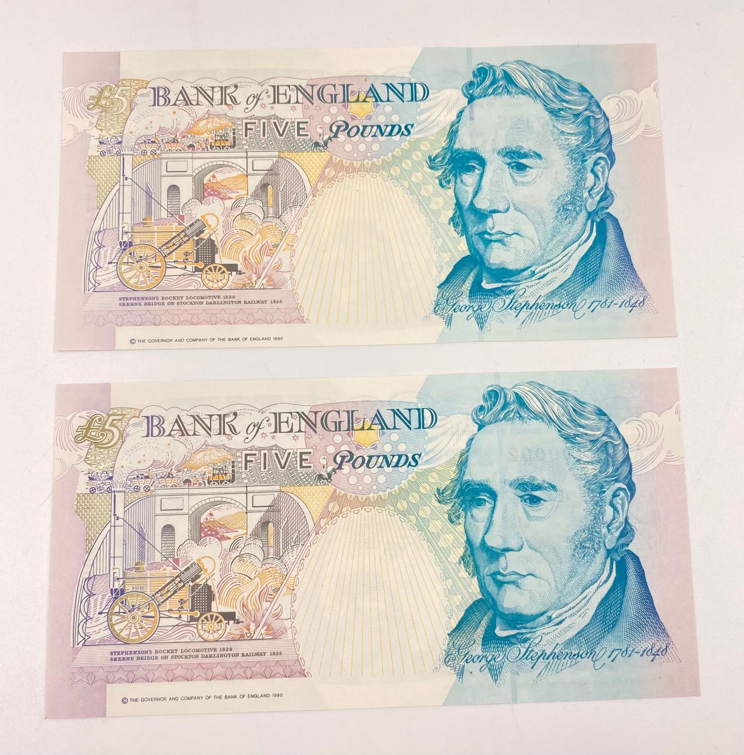 Two (AA01 and A01) 1990 Bank of England Five Pound Notes. Uncirculated - In plastic wallets. - Image 3 of 3