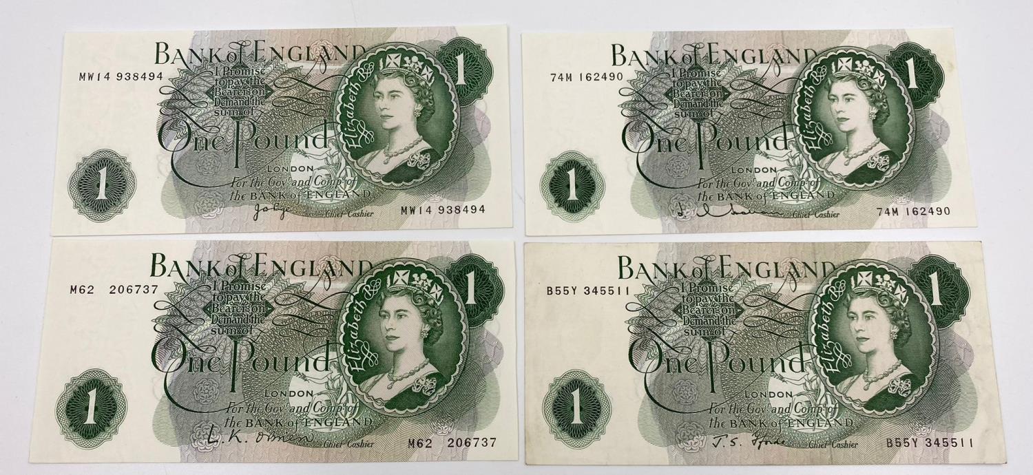 Four Vintage Sequential Bank of England Cashier One Pound Notes: Hollom, O'Briern, Fforde and