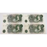 Four Vintage Sequential Bank of England Cashier One Pound Notes: Hollom, O'Briern, Fforde and