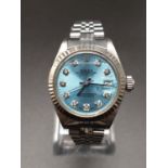 A Ladies Rolex Oyster Perpetual Datejust. Stainless steel strap and case - 26mm. Ice blue diamond