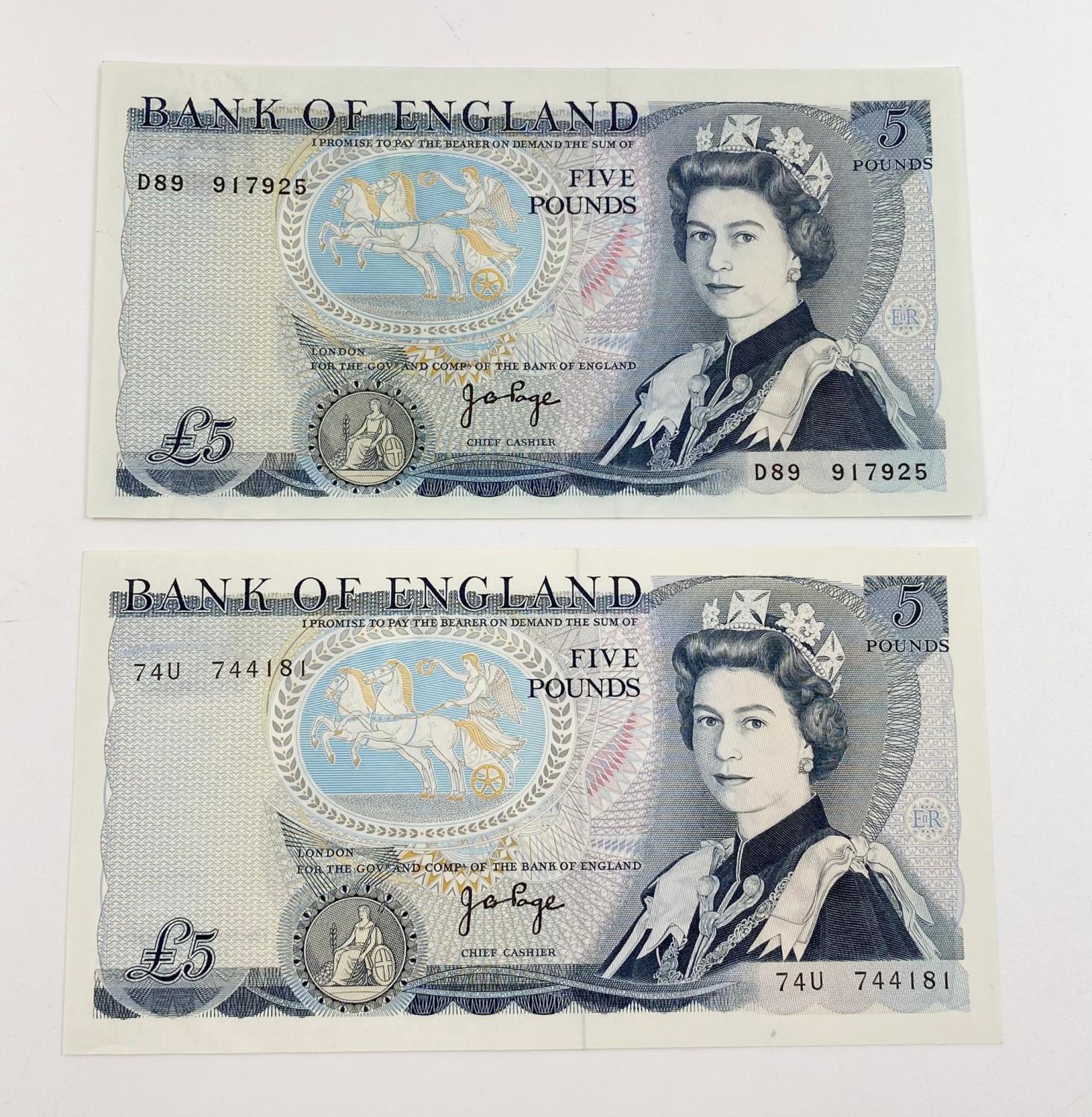 Two Vintage Bluey Bank of England Five Pound Notes. Uncirculated - Both come in a plastic wallet.