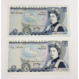 Two Vintage Bluey Bank of England Five Pound Notes. Uncirculated - Both come in a plastic wallet.