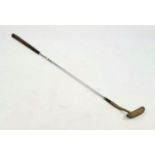 A Vintage John Letter Goosander Off Set Brass Headed Putter. Steel shaft with pierced leather