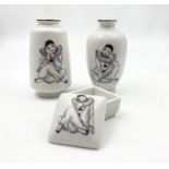 A Set of Three Pierrot Miniature Porcelain Pieces. Two vases and a trinket box. No chips or cracks