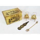 Repousse Brass Horse and Carriage Fireplace Storage Box. Comes with two small brass kettles and