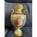 Vintage hand-painted beadwork Coalport Urn Vase, Having vibrant paintwork gilded handles and