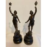 Pair of 1920?s ART DECO French spelter figures .La Force mounted on a lion holding a star and La