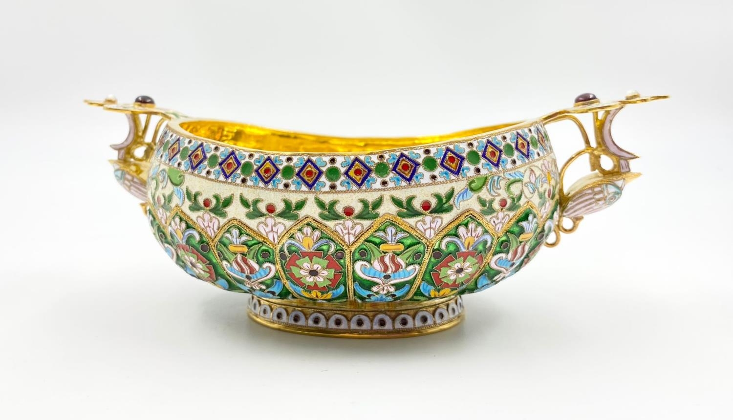 An Antique Russian Silver-Gilt and Enamel Bowl. Richly gilded with beautiful cloisonné enamel work