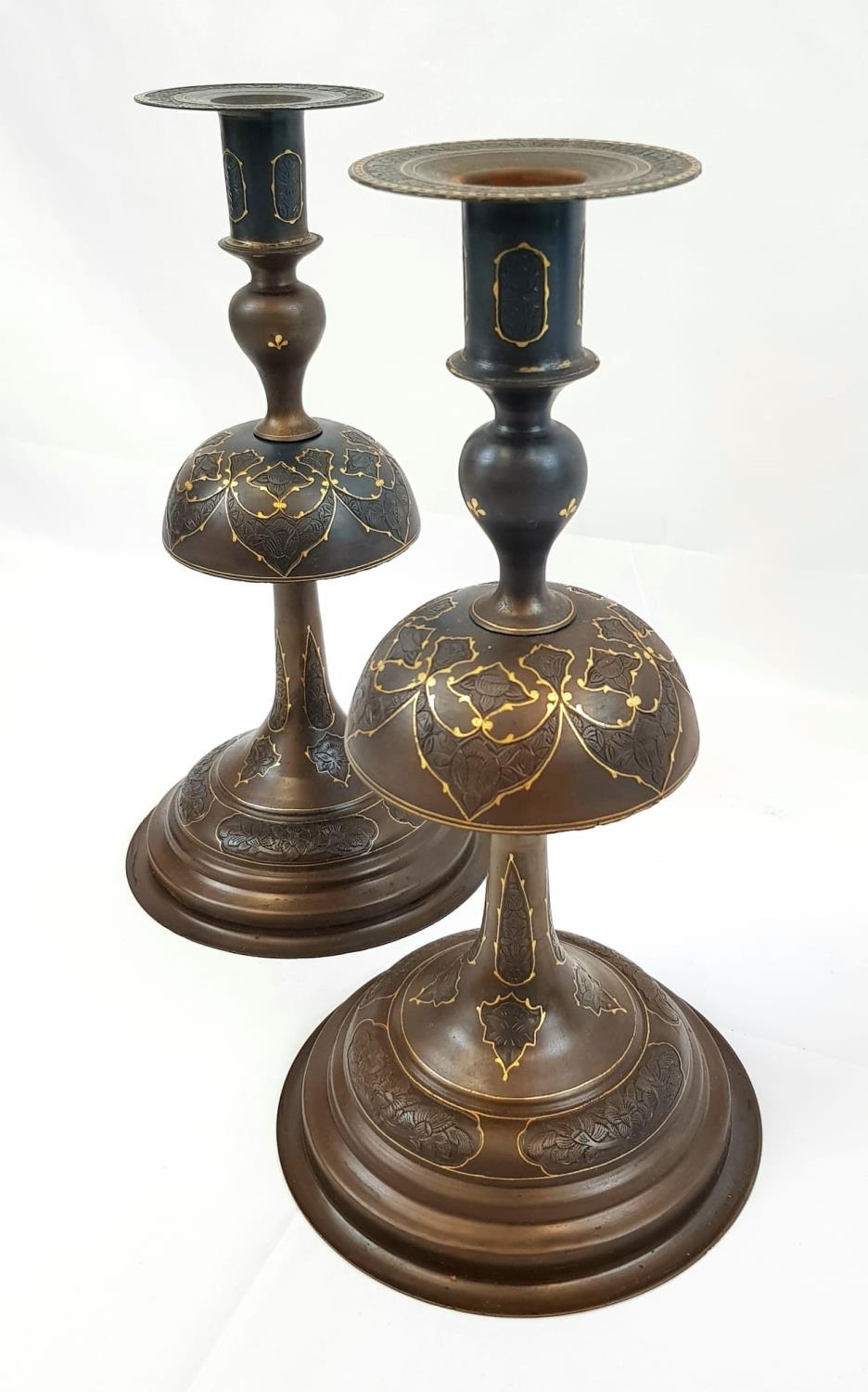 UNUSUAL PAIR OF STILL CANDLESTICKS WITH GOLD INLAY THOUGHT TO BE OF PERSIAN ORIGIN, STANDING 35 CM - Image 2 of 3