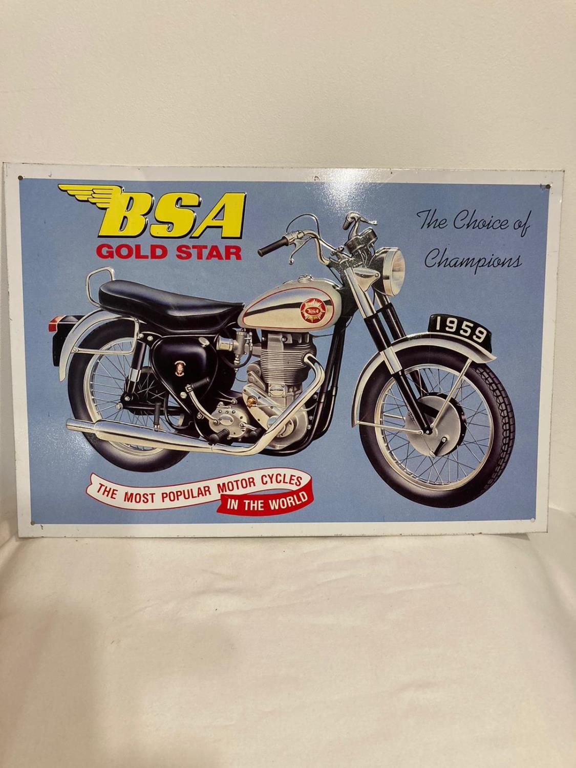 VINTAGE metal sign for the 1959 BSA GOLD STAR MOTORCYCLE. 16? x 11? ( 40 cm x 28 cm).