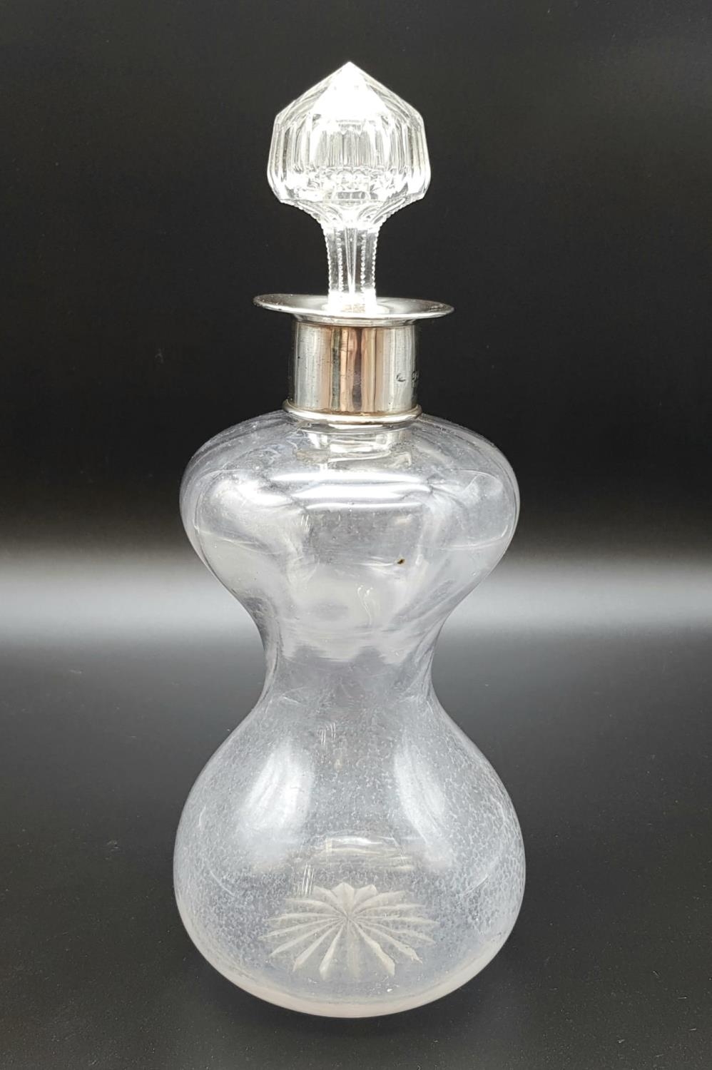 Vintage Silver-Collared Hourglass Bottle with Cut-Glass Stopper. 27cm tall. Makers mark is