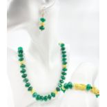 A Jade Necklace, Bracelet and Earring set. Gilded clasps and attachments. Necklace - 54cm.