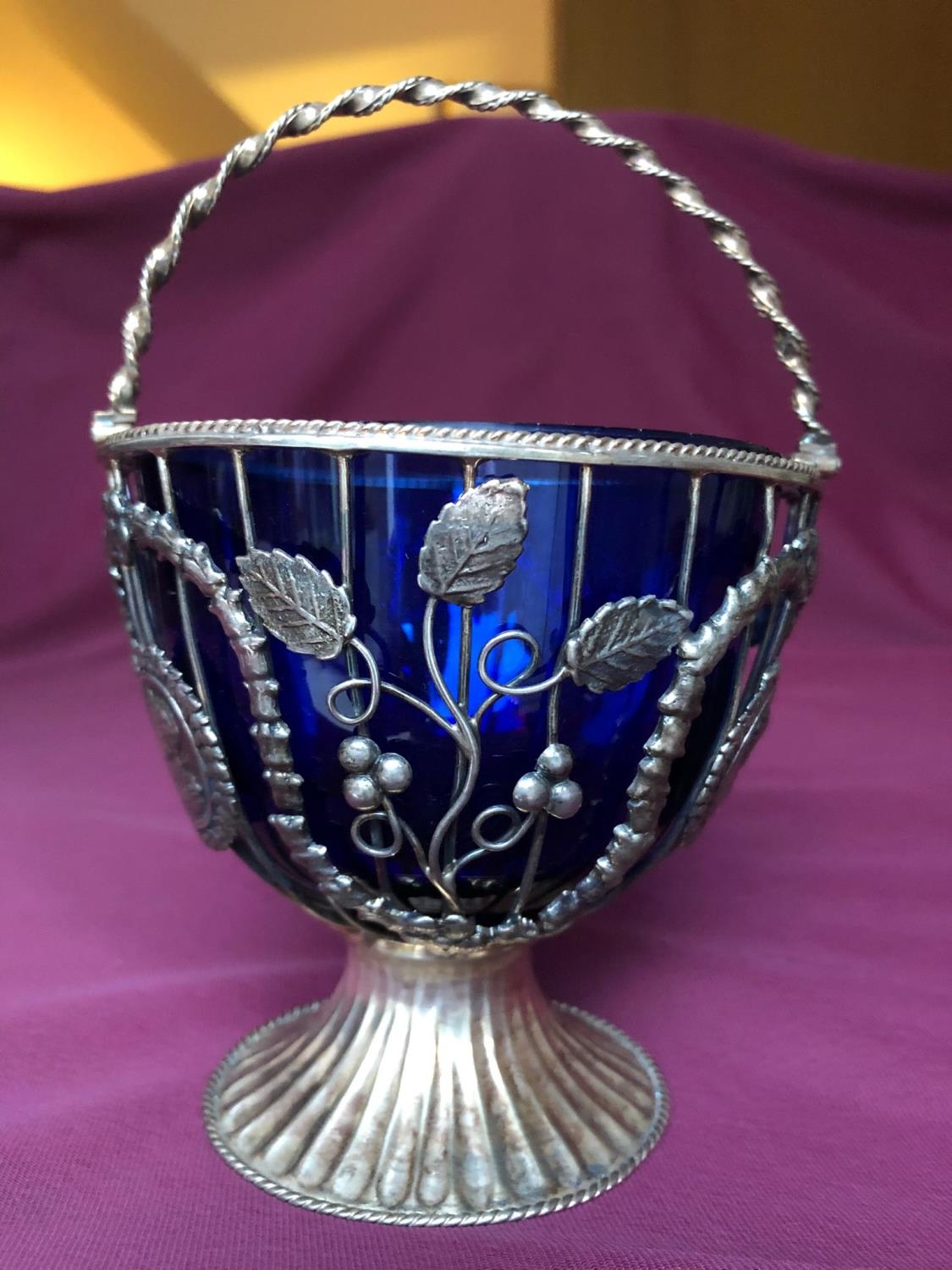 Vintage Silver Bon Bon dish in pierced Foliate form with blue glass liner and having rope twist