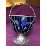 Vintage Silver Bon Bon dish in pierced Foliate form with blue glass liner and having rope twist