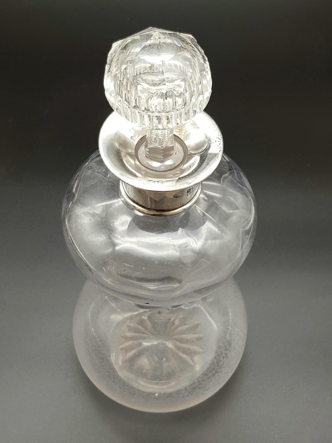 Vintage Silver-Collared Hourglass Bottle with Cut-Glass Stopper. 27cm tall. Makers mark is - Image 2 of 5