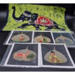 Five Original Vintage Hand-Made Indian Postcards and an Elephant Decorated Batik Piece.