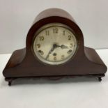 Large vintage red wood mantel clock with silver face, key included. Width 40.5cm x 13.5cm, Height