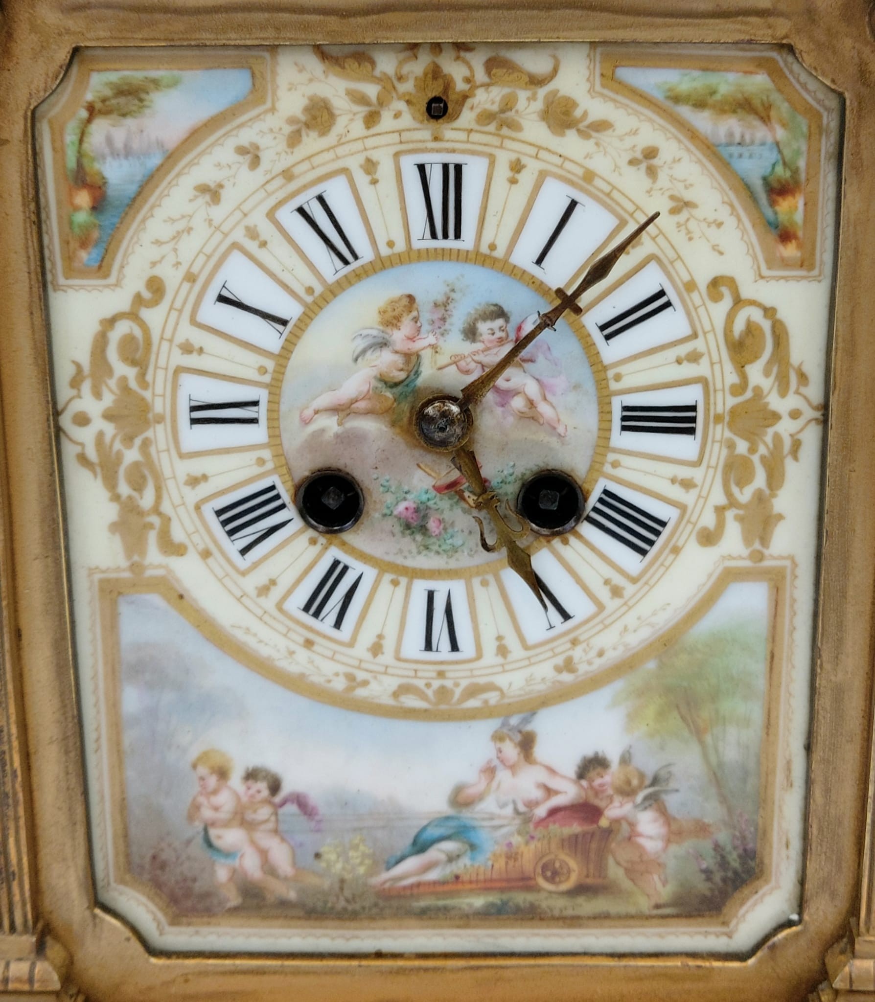 A French Hand-Painted Porcelain and Brass Mantel Clock with Accompanying Pedestalled Chalices. A/F - Image 10 of 11