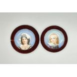 Pair of Antique Porcelain Miniatures in Velvet and Leather Frames. 14cm diameter.