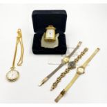 Three Ladies Dress Watches - Plus a miniature desk clock and pocket watch. Five items in total. As