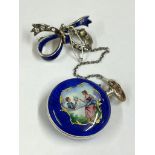 Antique ladies silver & guilloche painted enamel pocket watch & brooch ( working ) sold with no