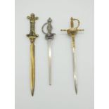 Three Antique Sword-Style Letter Openers. All with fascinating handles - one with a Maltese Cross.