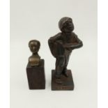 A Miniature Bronze Bust on a Wooden Plinth - Plus a small heavy metal statue - 17cm.