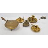 Four Brass Candle Holders - Plus a Brass Waste Pan with a hinged lid.