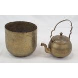 An Antique Brass Dallah (coffee pot) and Basin - 18cm tall.