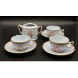 Three Spode Red Trade Winds (gold trim) Teacups, Saucers and a Sugar Bowl. Good condition but A/F.